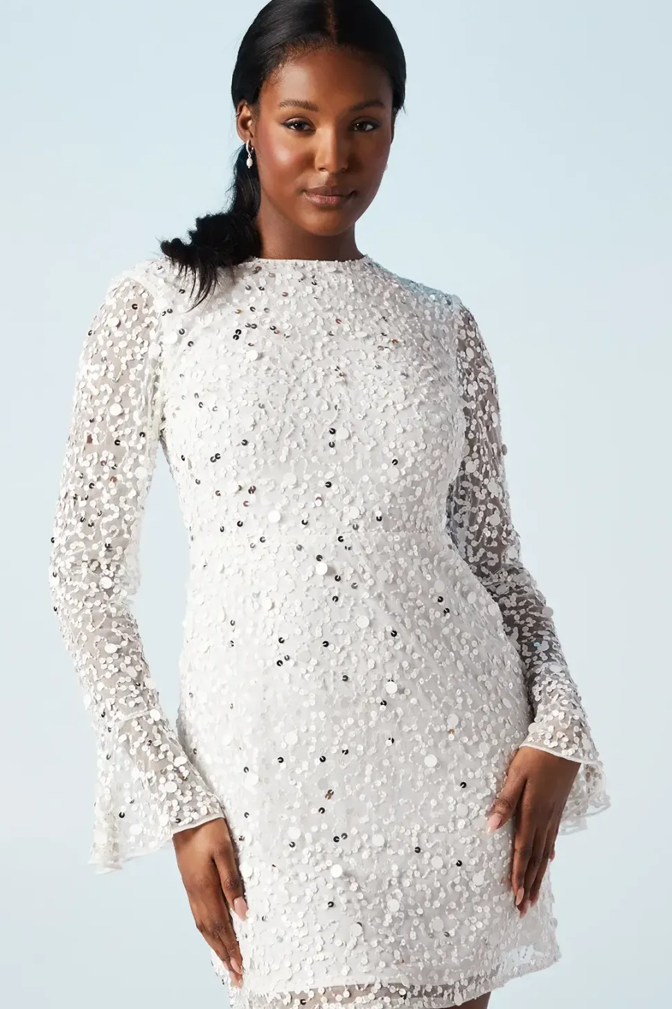 Sequin and Beadwork Embellished Flare Cuff Bridal Mini Dress