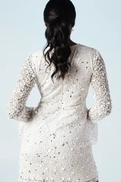 Sequin and Beadwork Embellished Flare Cuff Bridal Mini Dress