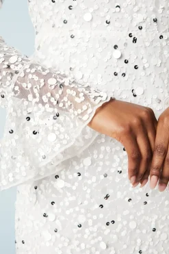 Sequin and Beadwork Embellished Flare Cuff Bridal Mini Dress