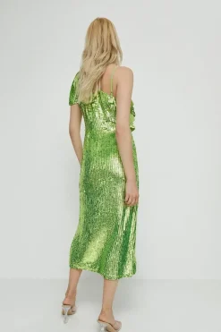 Sequin Asymmetric Ruched Midi Dress