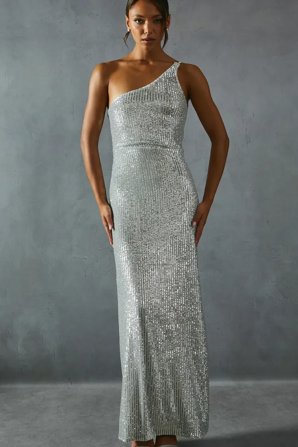 Sequin Asymmetric Strap Pleated Waist Low Back Maxi Dress