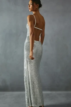 Sequin Asymmetric Strap Pleated Waist Low Back Maxi Dress