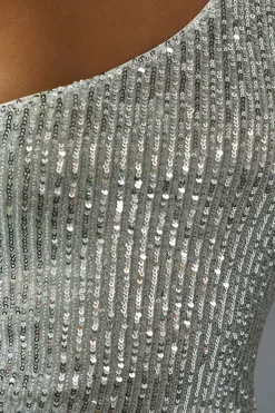 Sequin Asymmetric Strap Pleated Waist Low Back Maxi Dress