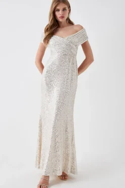 Sequin Bardot Bridesmaid Maxi Dress