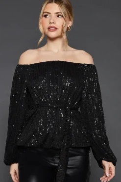 Sequin Bardot Long Sleeve Blouse