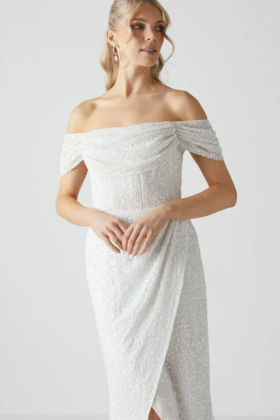 Sequin Bardot Wrap Skirt Wedding Dress