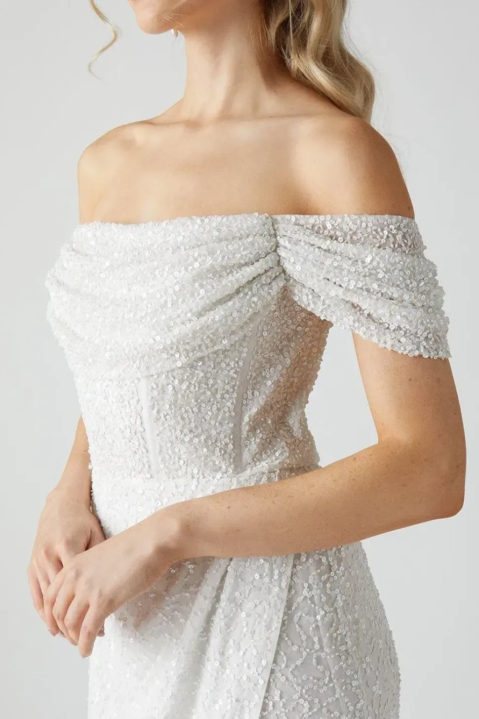 Sequin Bardot Wrap Skirt Wedding Dress