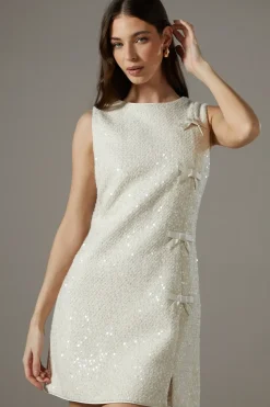 Sequin Boucle Shift Dress With Bows