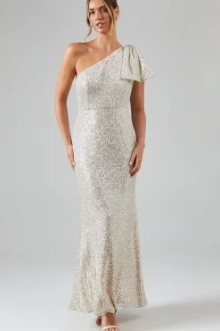 Sequin Bow One Shoulder Bridesmaid Maxi Dress