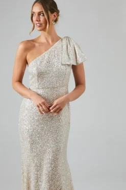 Sequin Bow One Shoulder Bridesmaid Maxi Dress