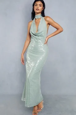 Sequin Choker Neck Halterneck Backless Maxi Dress
