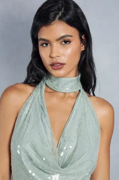 Sequin Choker Neck Halterneck Backless Maxi Dress