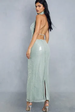 Sequin Choker Neck Halterneck Backless Maxi Dress