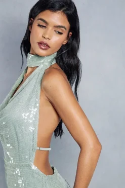 Sequin Choker Neck Halterneck Backless Maxi Dress