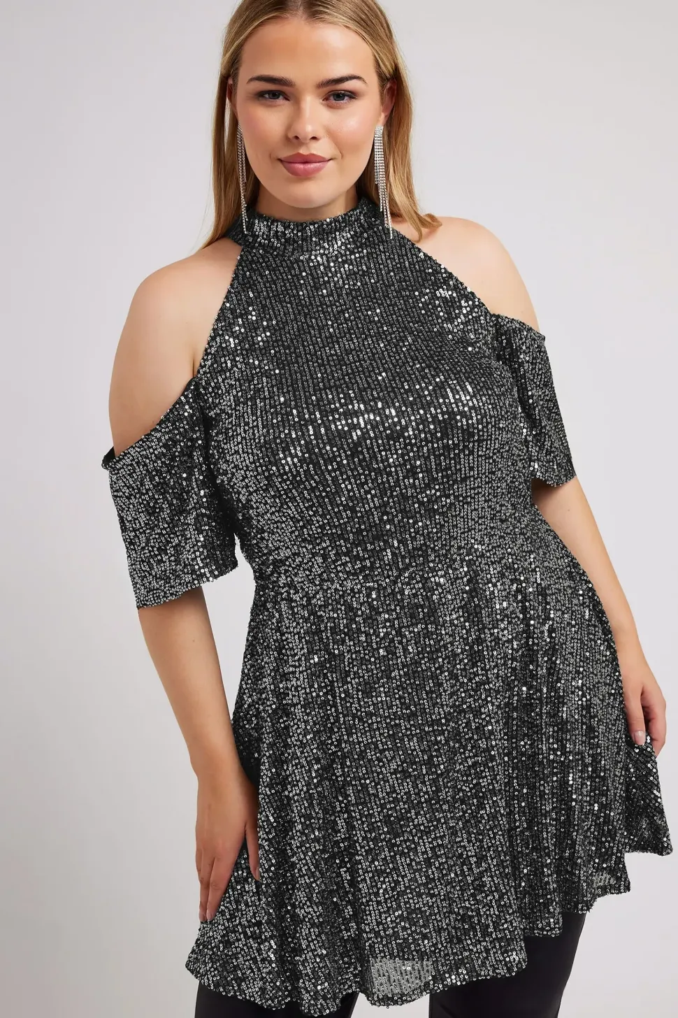 Sequin Cold Shoulder Peplum Top
