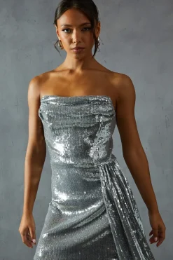 Sequin Corseted Bandeau Draped Bodycon Mini Dress