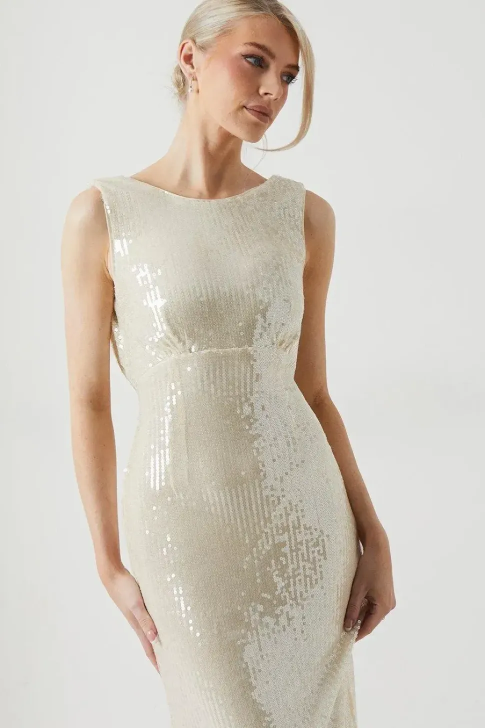 Sequin Cowl Back Wedding Dress