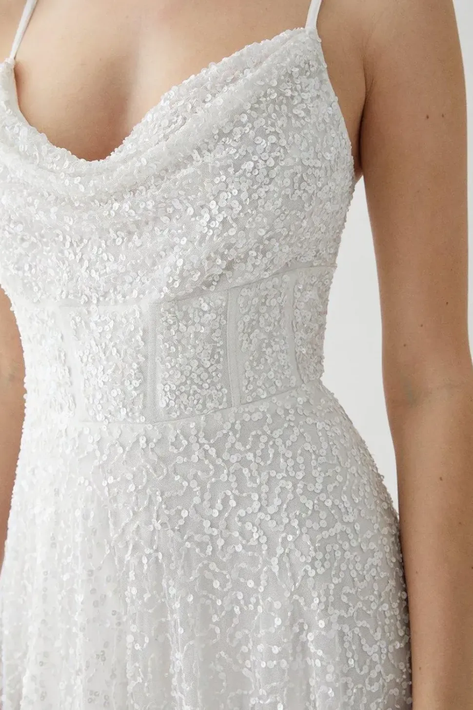 Sequin Cowl Neck Full Skirted Wedding Dress