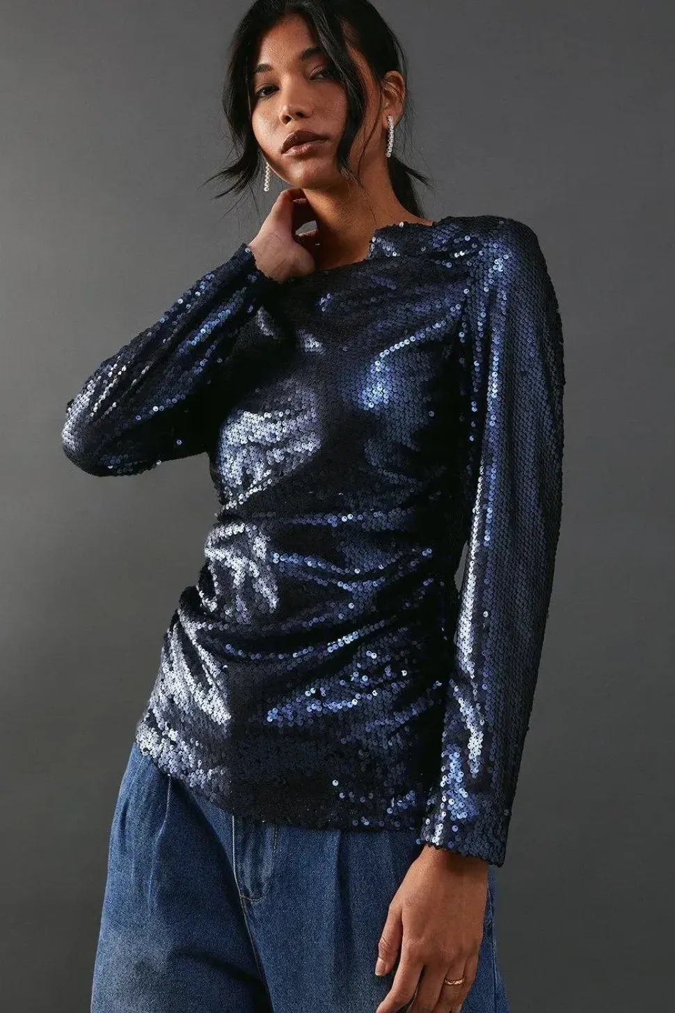 Sequin Cowl Neck Ruched Top