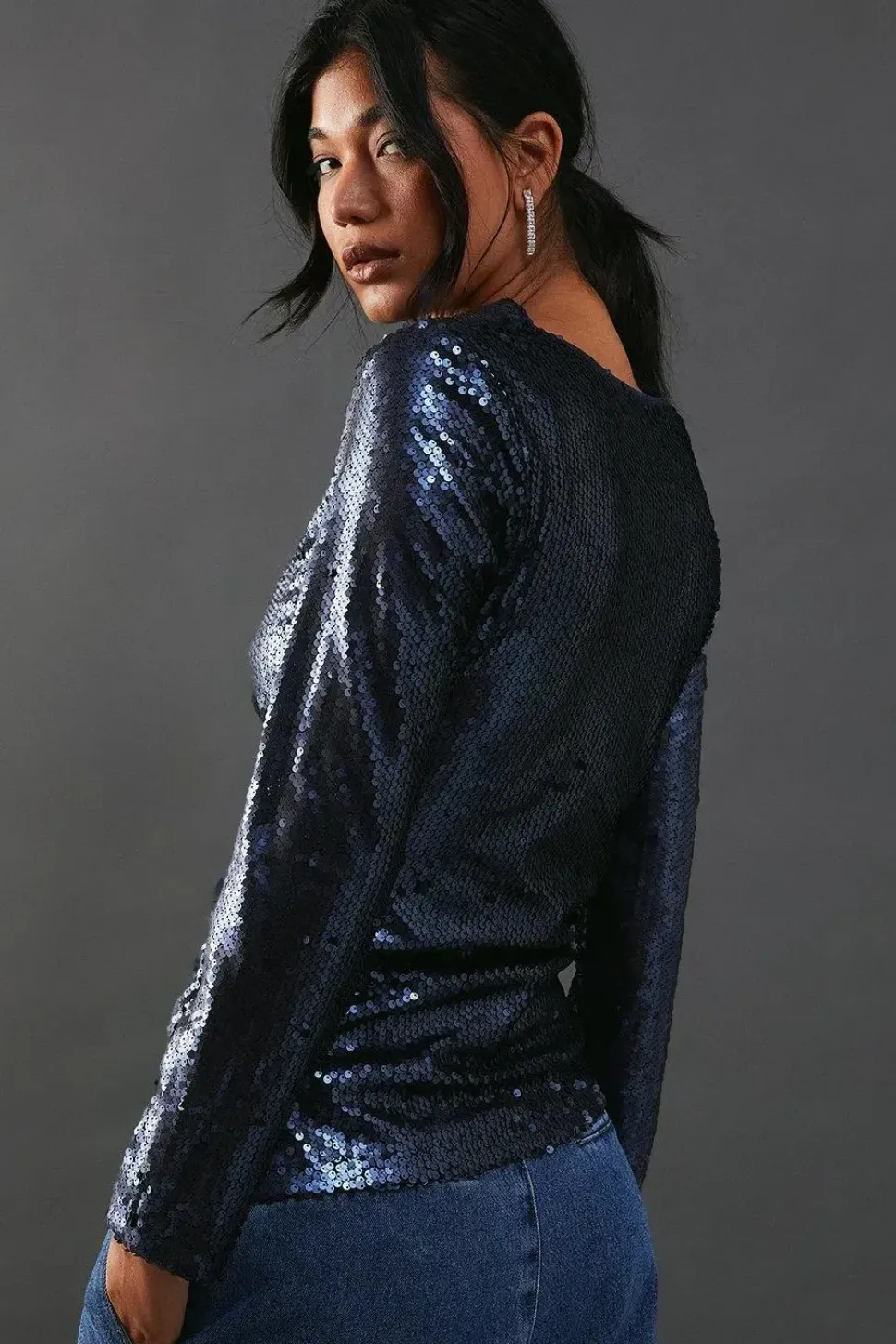 Sequin Cowl Neck Ruched Top