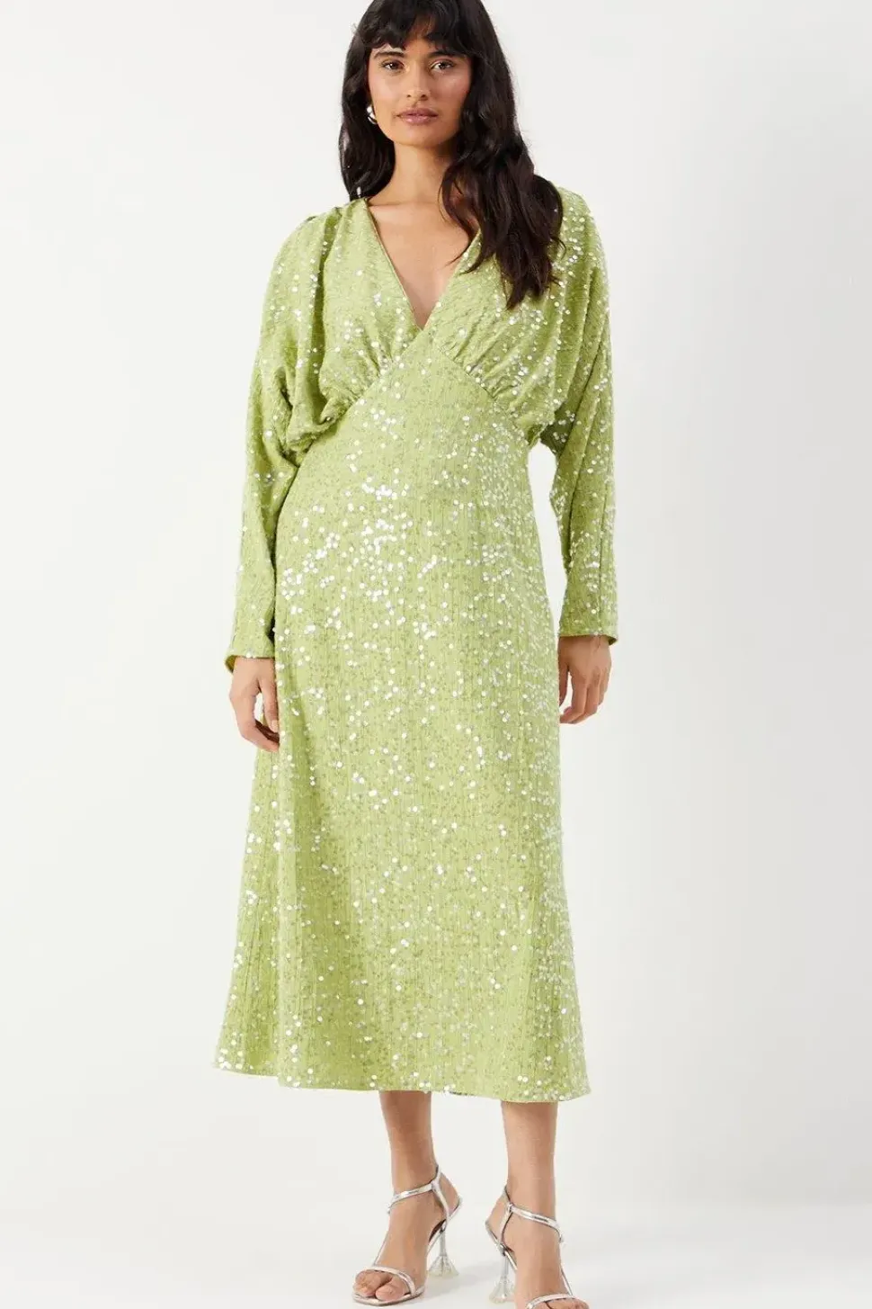 Sequin Crinkle Batwing Plunge Neck Midi Dress