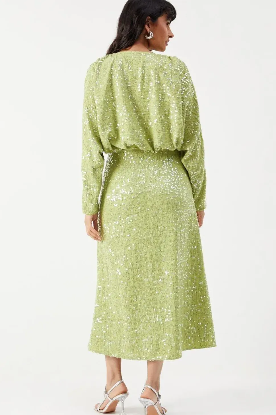 Sequin Crinkle Batwing Plunge Neck Midi Dress