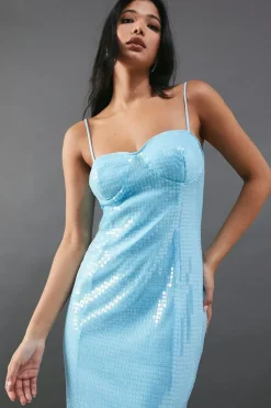 Sequin Cup Detail Fitted Strappy Midi Dress