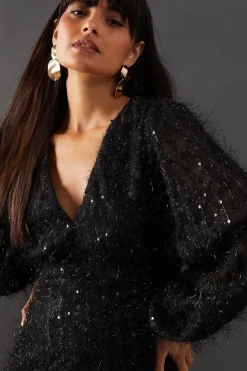 Sequin Embellished Fluffy Plunge Neck Midi Dress