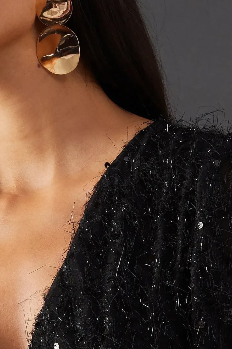Sequin Embellished Fluffy Plunge Neck Midi Dress