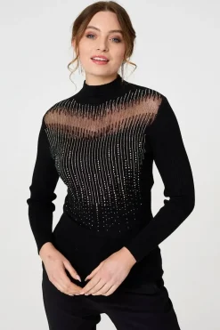 Sequin Embellished High Neck Knit Top