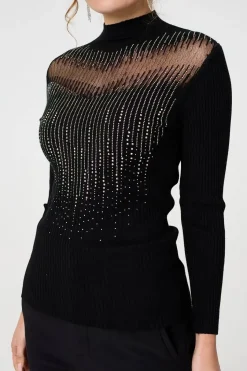 Sequin Embellished High Neck Knit Top