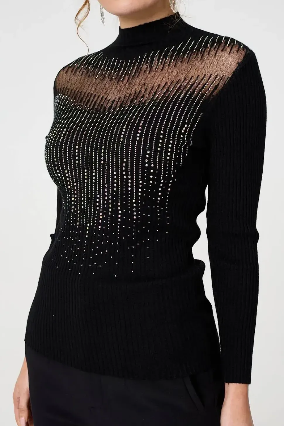 Sequin Embellished High Neck Knit Top