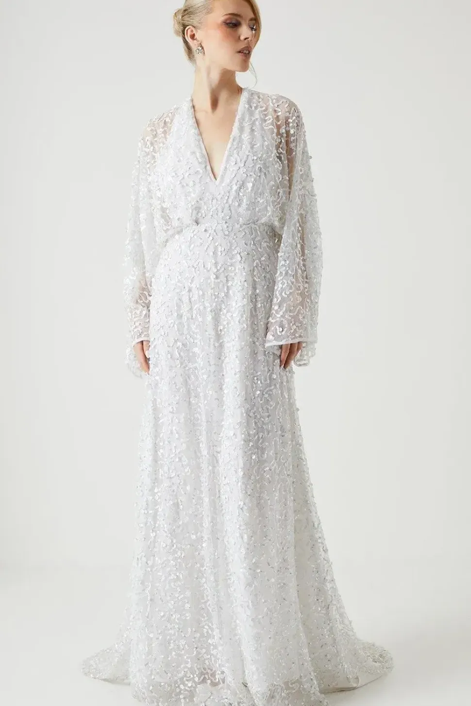 Sequin Embellished Long Sleeve Kimono Wedding Dress