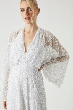 Sequin Embellished Long Sleeve Kimono Wedding Dress