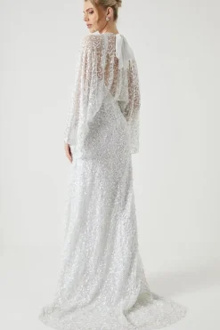 Sequin Embellished Long Sleeve Kimono Wedding Dress