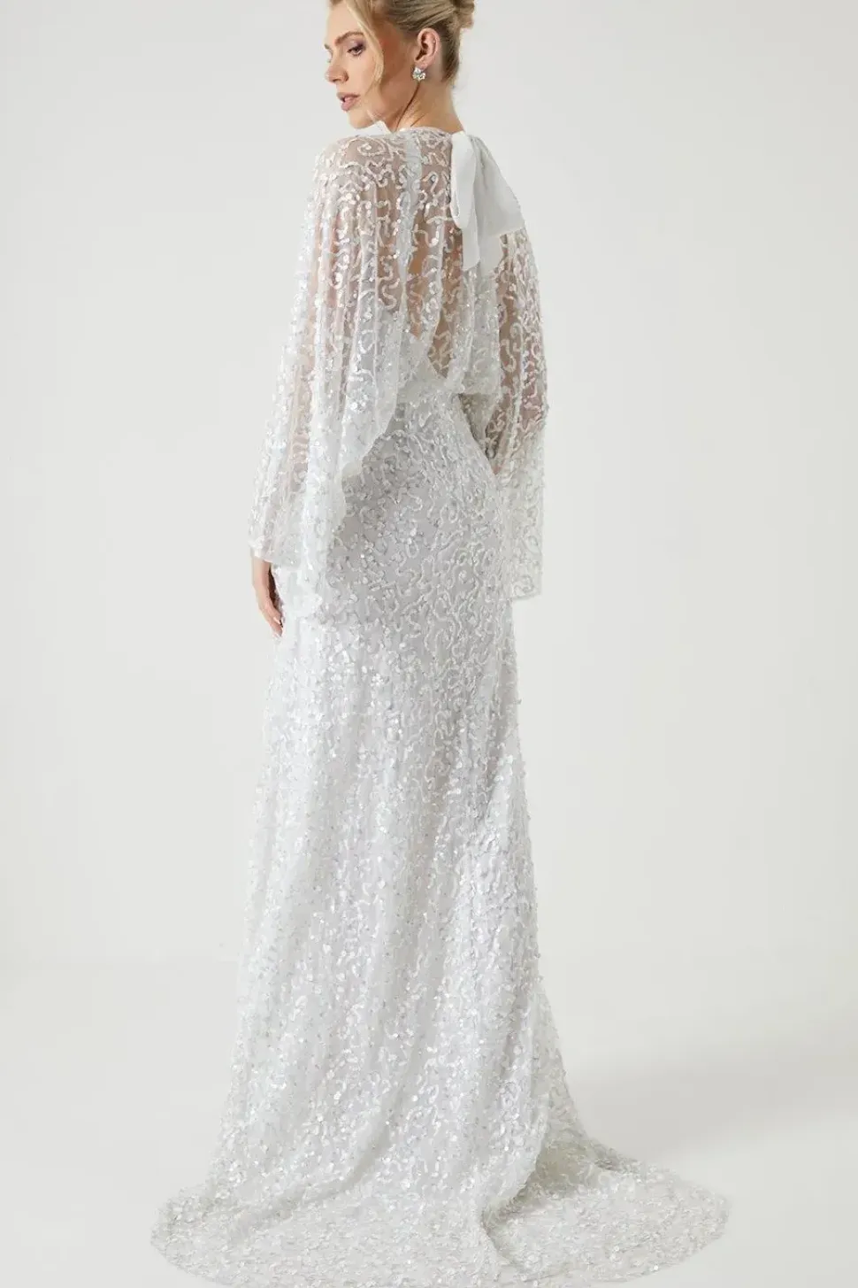 Sequin Embellished Long Sleeve Kimono Wedding Dress
