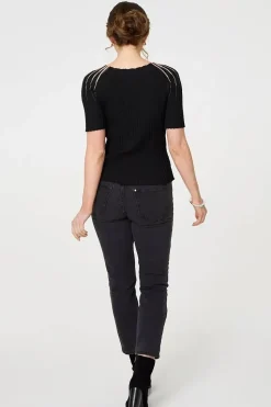 Sequin Embellished Short Sleeve Knit Top