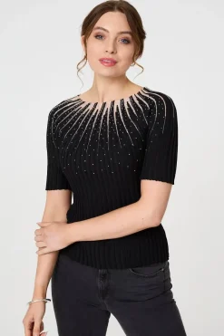 Sequin Embellished Short Sleeve Knit Top