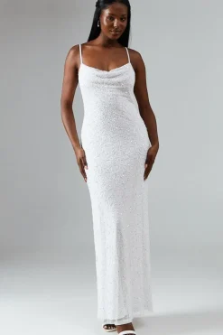 Sequin Embellished Strappy Cowl Back Wedding Dress