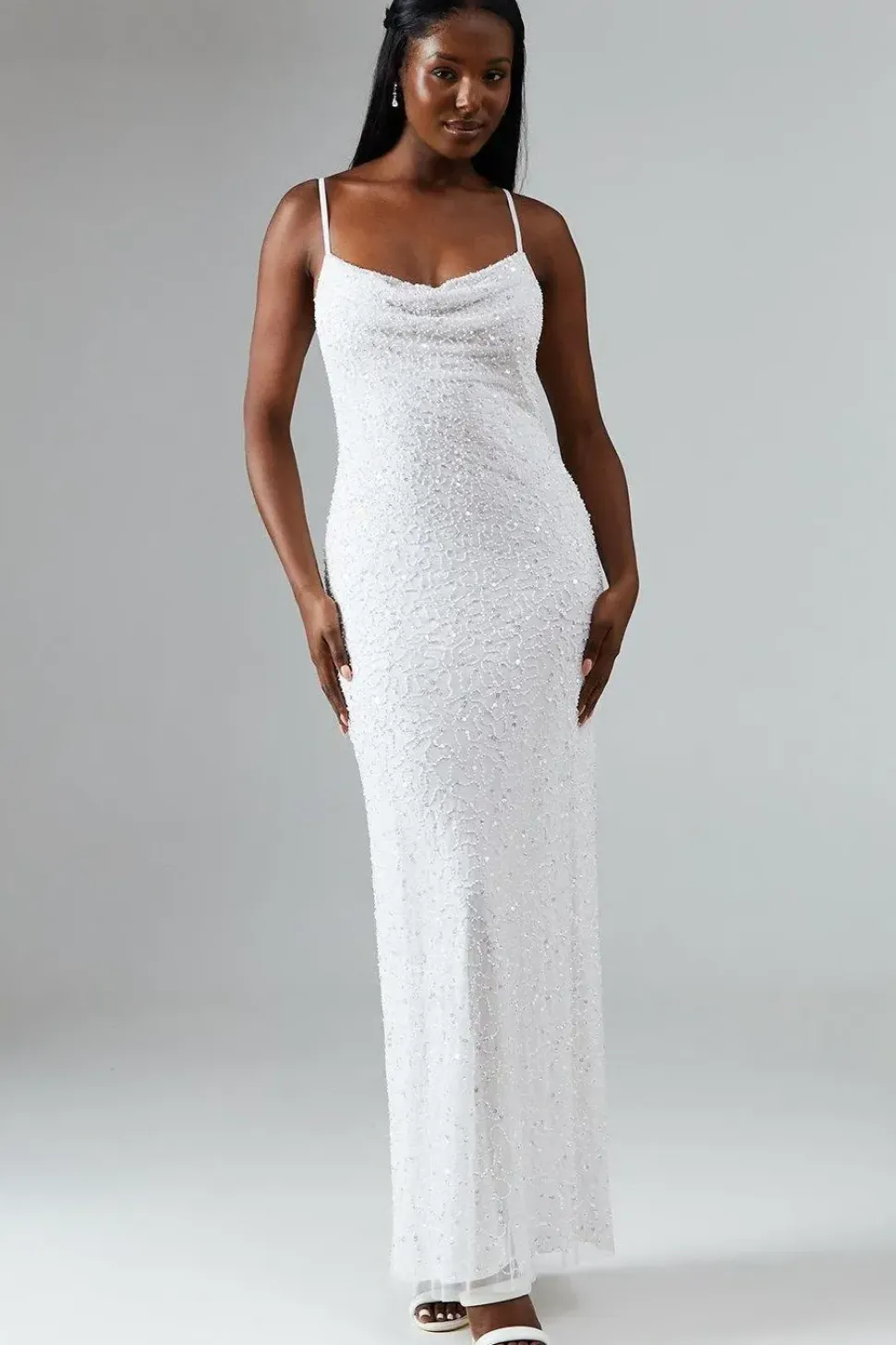 Sequin Embellished Strappy Cowl Back Wedding Dress