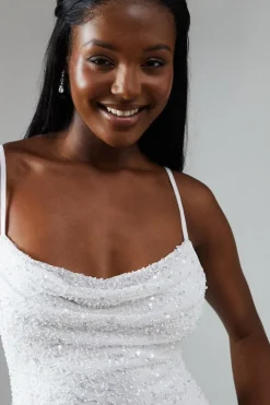 Sequin Embellished Strappy Cowl Back Wedding Dress