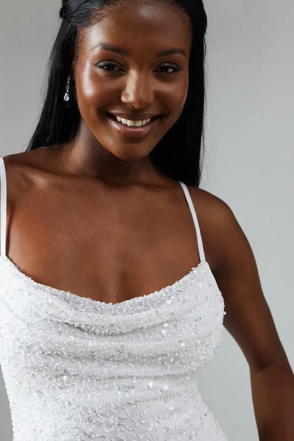 Sequin Embellished Strappy Cowl Back Wedding Dress