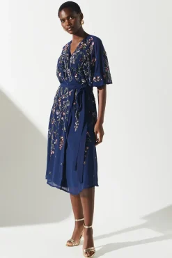Sequin Embellished Trailing Floral Wrap Wedding Guest Dress