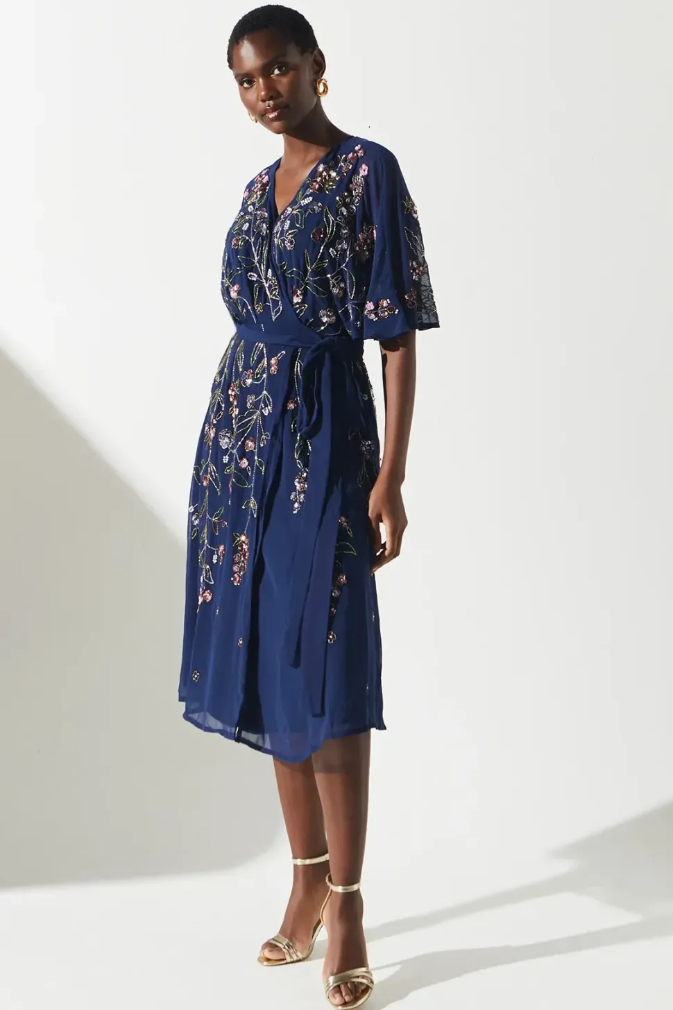 Sequin Embellished Trailing Floral Wrap Wedding Guest Dress