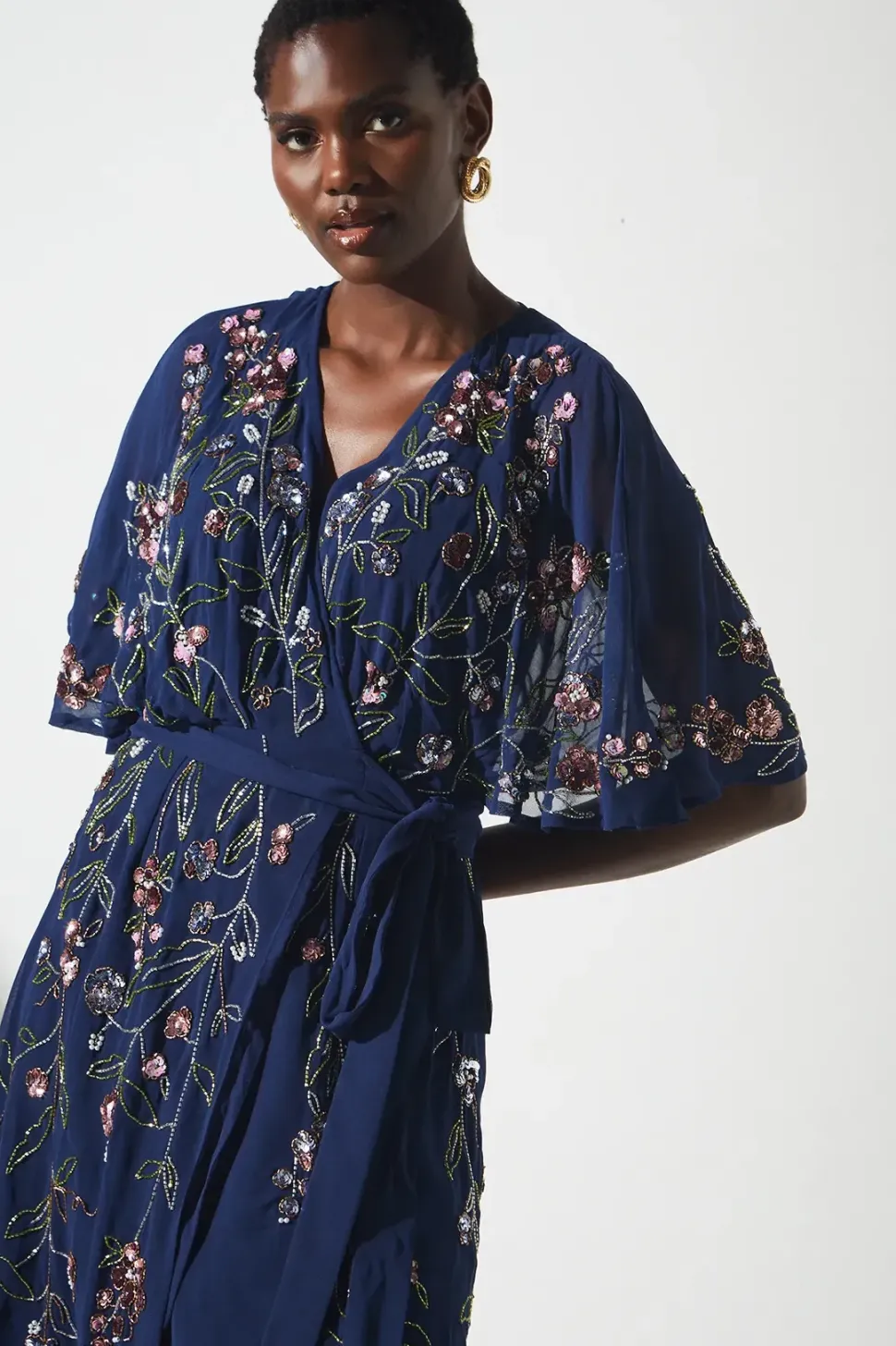 Sequin Embellished Trailing Floral Wrap Wedding Guest Dress