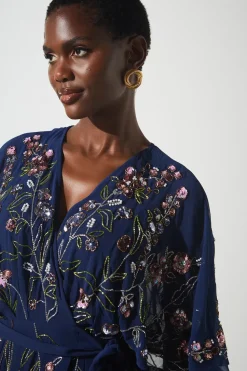 Sequin Embellished Trailing Floral Wrap Wedding Guest Dress