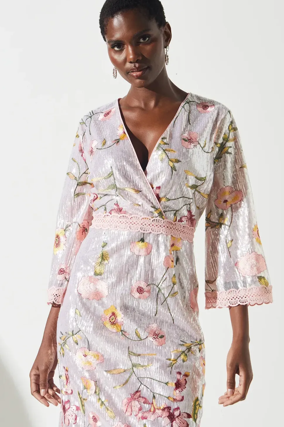 Sequin Embroidered Wrap Front Midi Dress