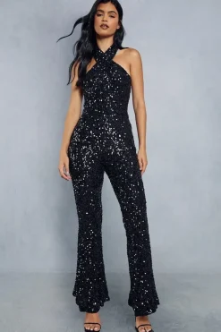 Sequin Halter Neck Cowl Back Flared Leg Jumpsuit