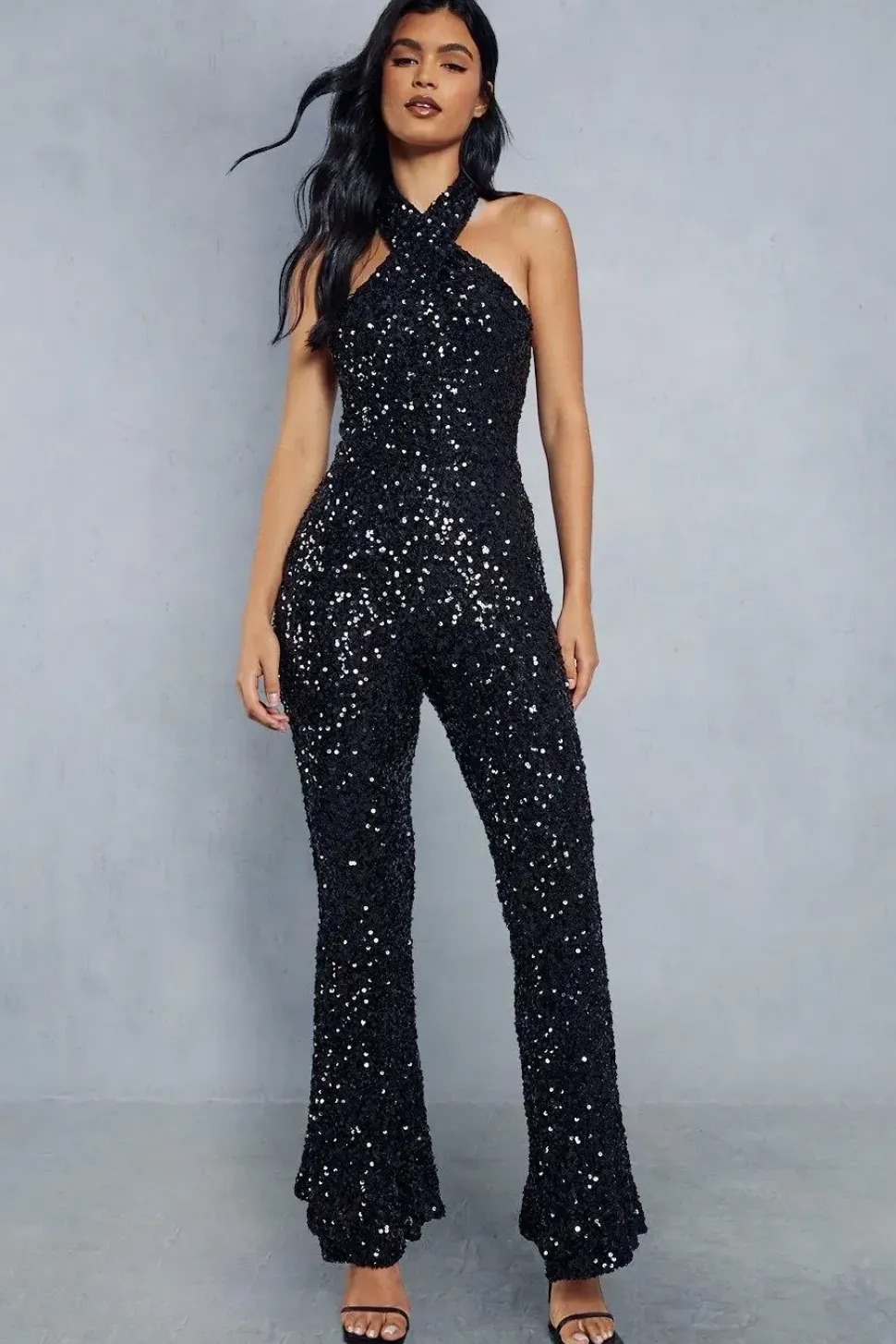Sequin Halter Neck Cowl Back Flared Leg Jumpsuit