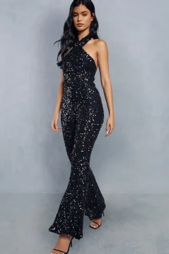 Sequin Halter Neck Cowl Back Flared Leg Jumpsuit